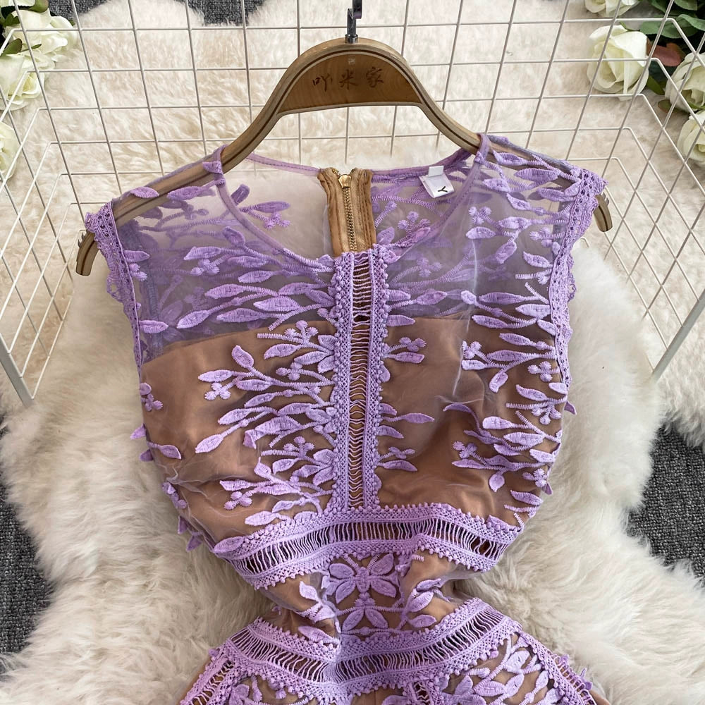 Solid Mesh Embroidery Dress Women's Sleeveless Round Neck Hollow Out Tulles Vestido