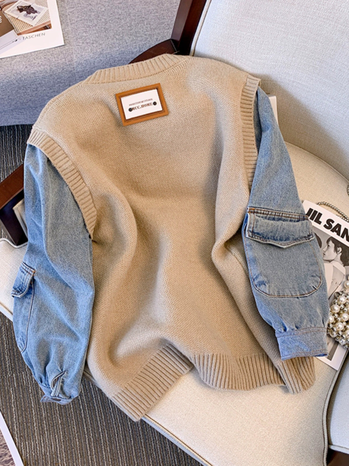 Smiley Face Smiling Face Loose Denim Sleeves Sweater for Women