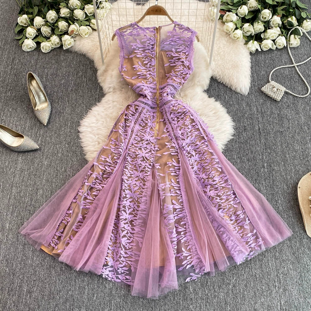 Solid Mesh Embroidery Dress Women's Sleeveless Round Neck Hollow Out Tulles Vestido