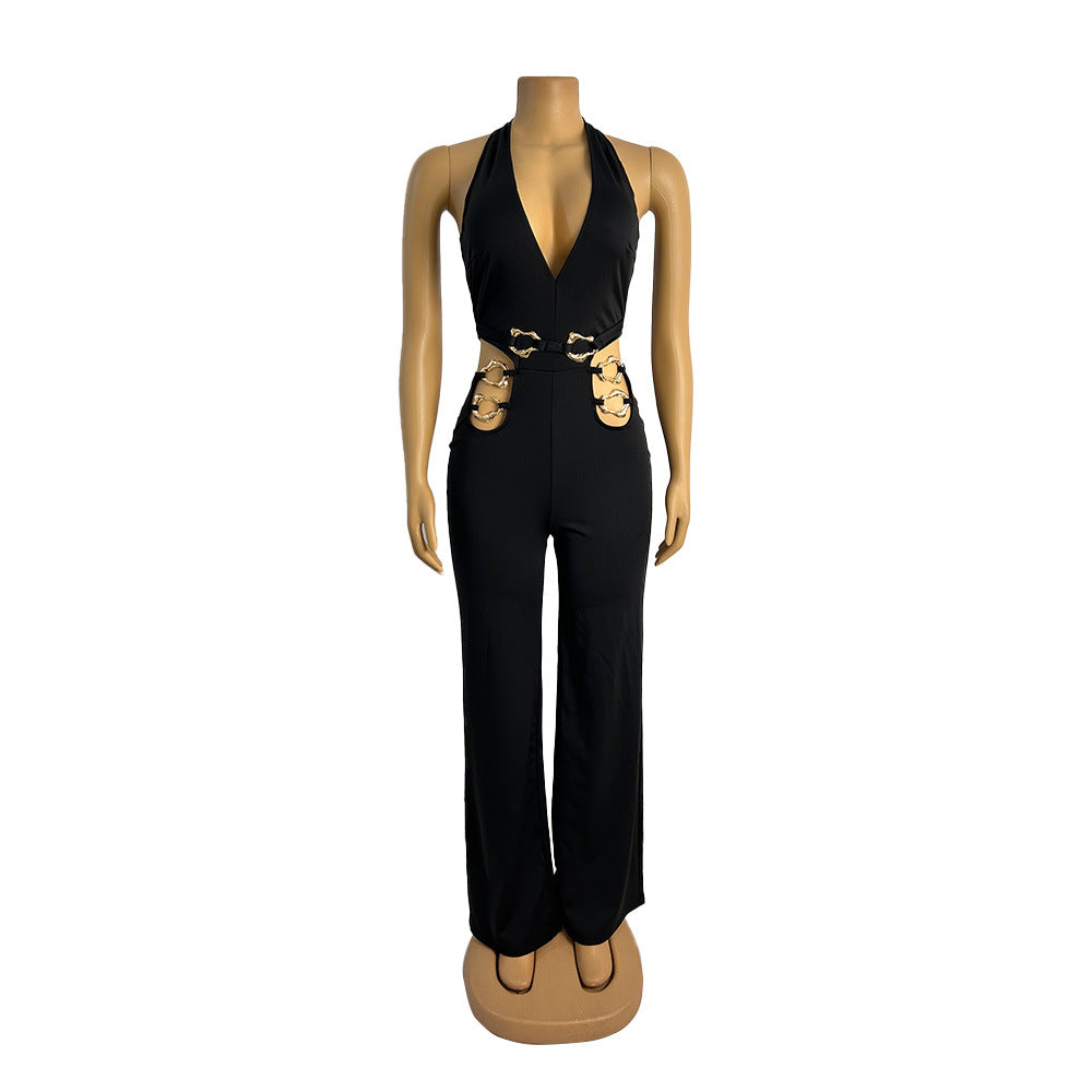 Women V-Neck Backless Straight Sleeveless Flare Jumpsuits One Piece Outfits