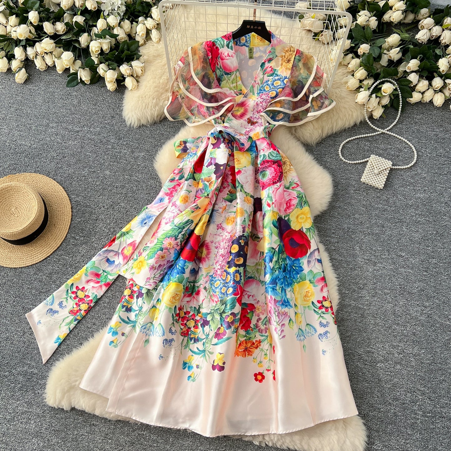 Summer Bohemian Gorgeous Flower Long Dress Women V-Neck Layer Mesh Sleeve Floral Midi Dress