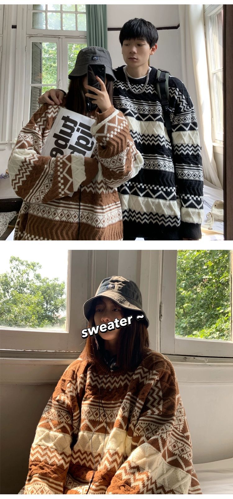 Unisex Retro Thickened Vintage Christmas Sweater Couple Matching Winter Clothes Ugly Sweater