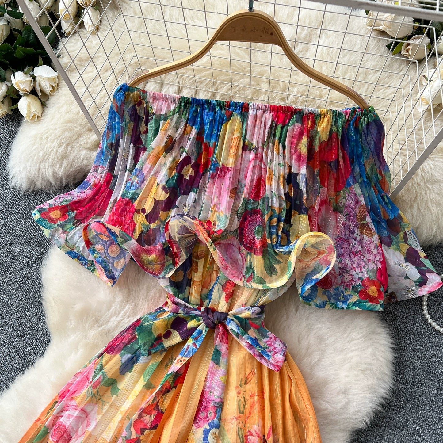 Off Shoulder Gorgeous Flower Holiday Dress Women's Wedding Guest Ruffles Batwing Sleeve Midi Dress