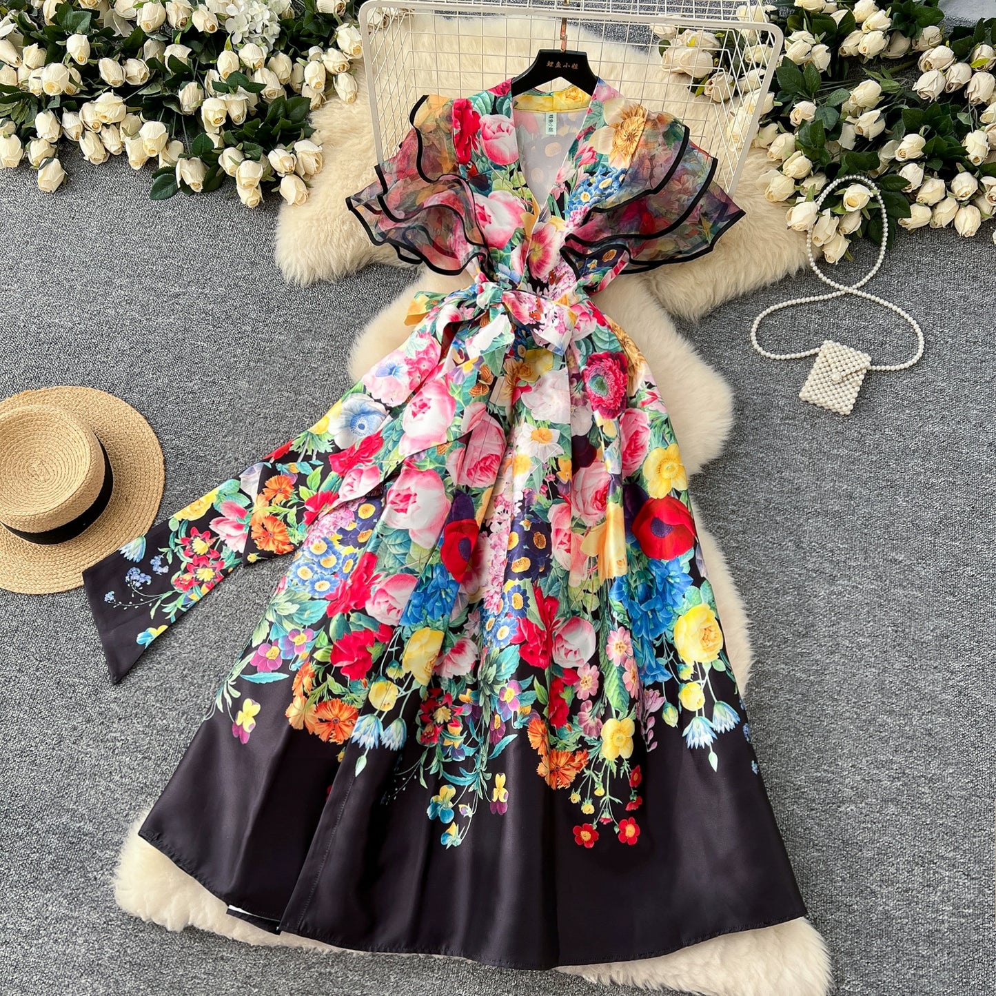 Summer Bohemian Gorgeous Flower Long Dress Women V-Neck Layer Mesh Sleeve Floral Midi Dress