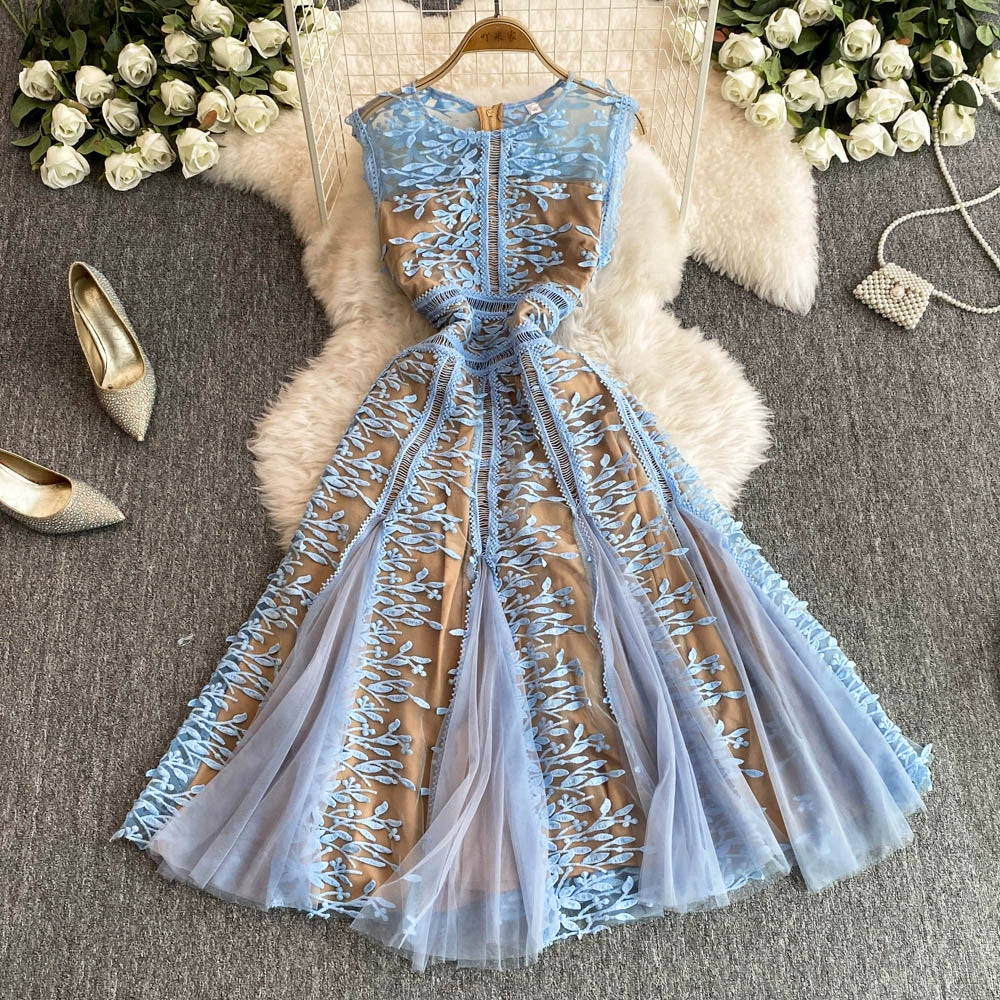 Solid Mesh Embroidery Dress Women's Sleeveless Round Neck Hollow Out Tulles Vestido