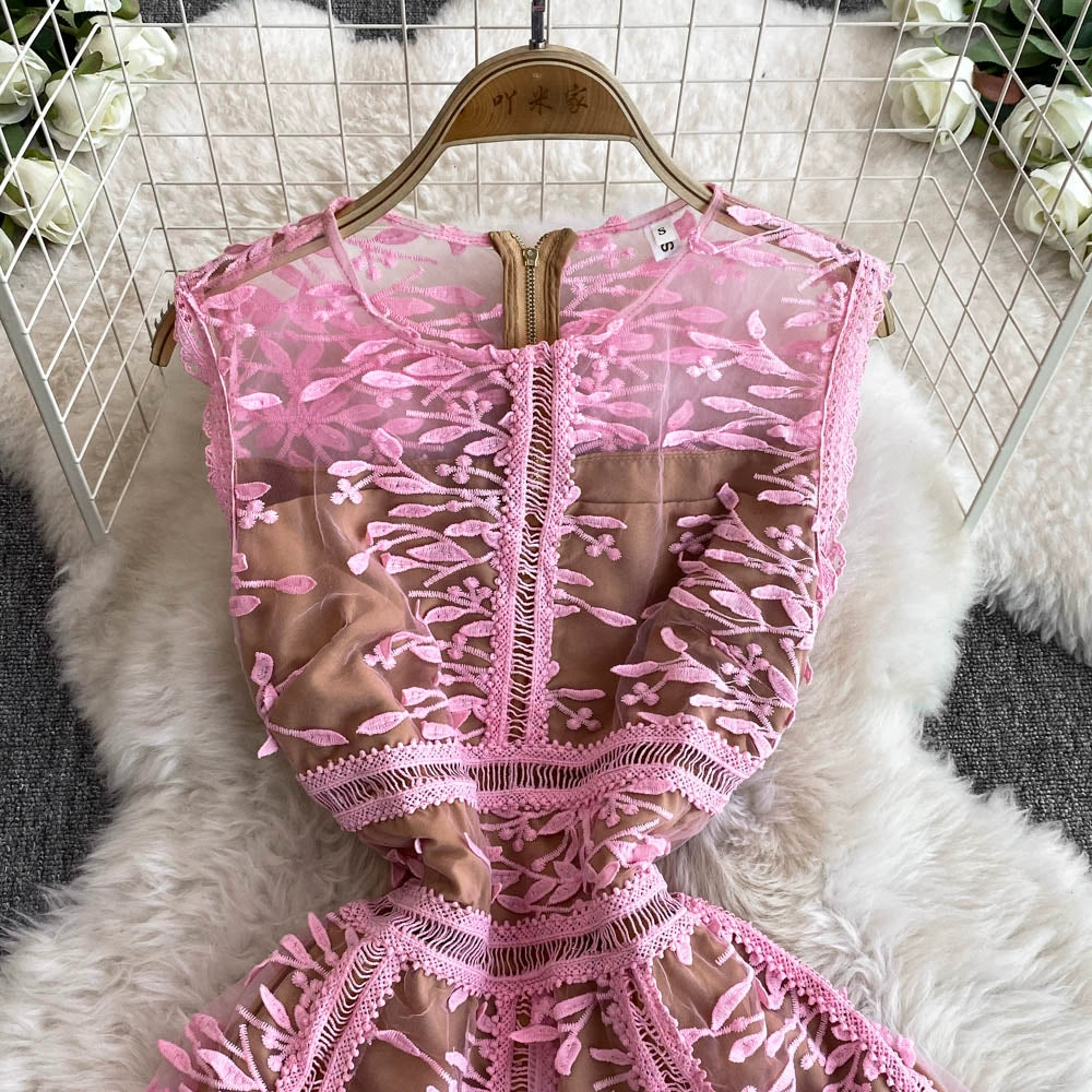 Solid Mesh Embroidery Dress Women's Sleeveless Round Neck Hollow Out Tulles Vestido