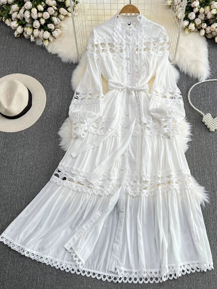Retro Lantern Long Sleeve Single Breasted Elegance Dress