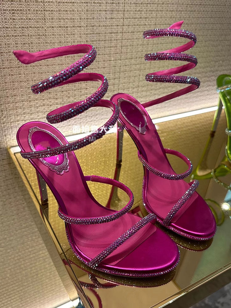 Women's One-Strap Snake Strap Winding round-Toe Sandals Rhinestone Rose Red Stiletto Heels