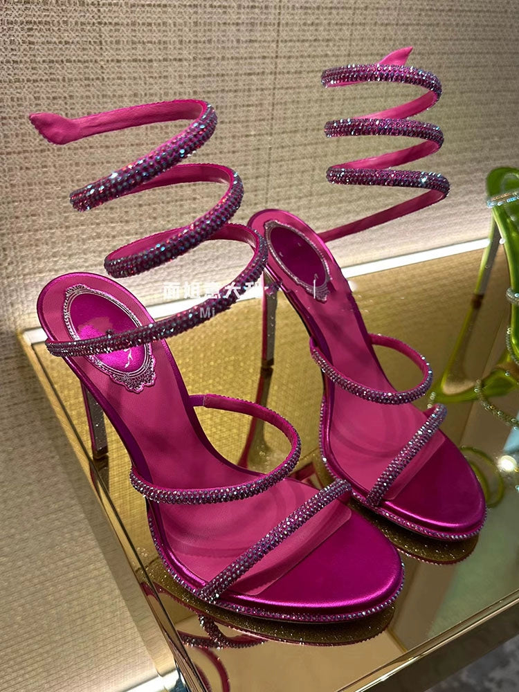 Women's One-Strap Snake Strap Winding round-Toe Sandals Rhinestone Rose Red Stiletto Heels