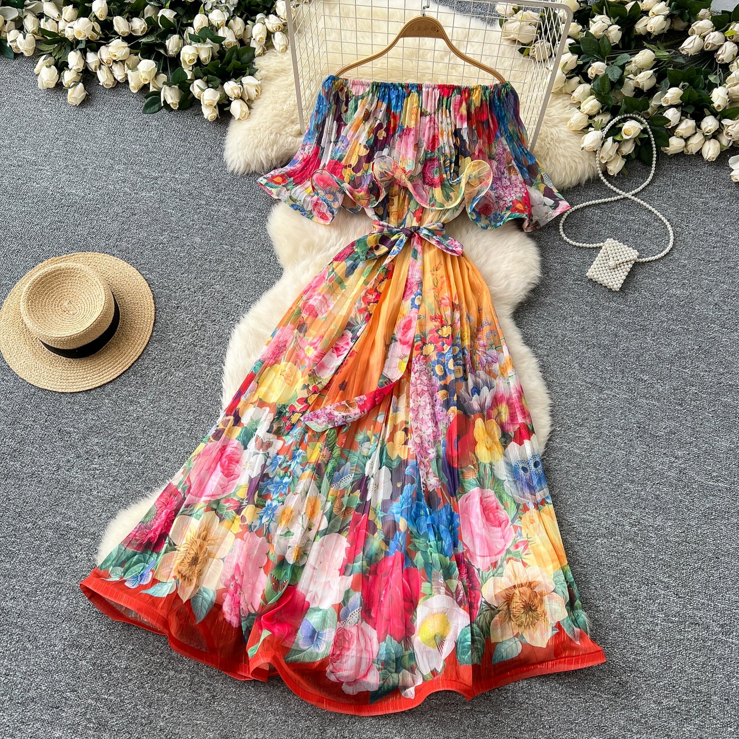 Off Shoulder Gorgeous Flower Holiday Dress Women's Wedding Guest Ruffles Batwing Sleeve Midi Dress