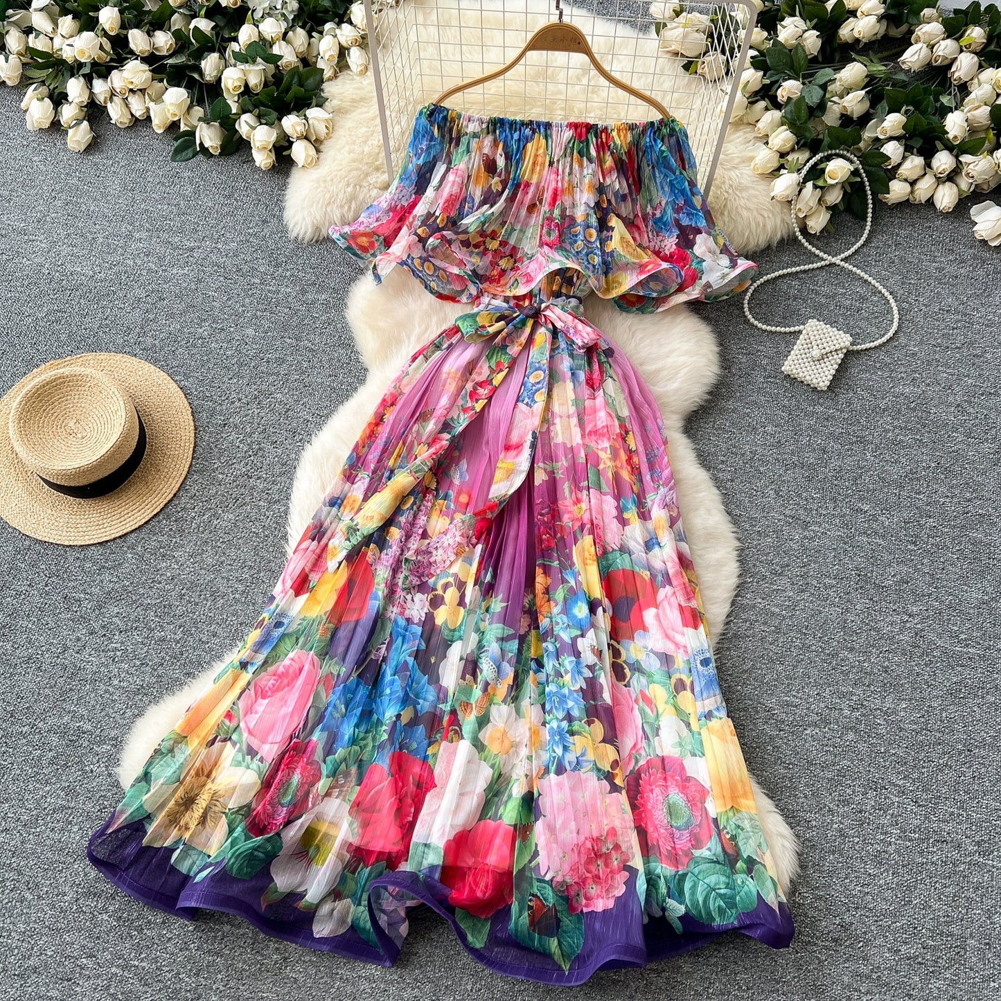 Off Shoulder Gorgeous Flower Holiday Dress Women's Wedding Guest Ruffles Batwing Sleeve Midi Dress
