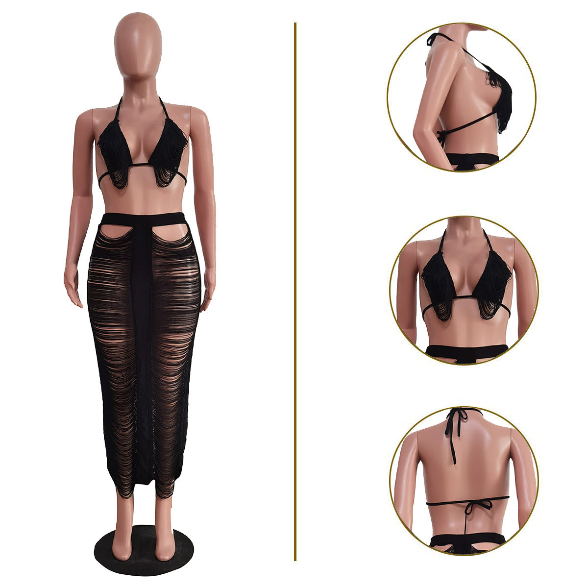 Beach Sexy Ripped Out Tassel See Through Maxi Long Skirt Set and Crop Top Two 2 Piece Set