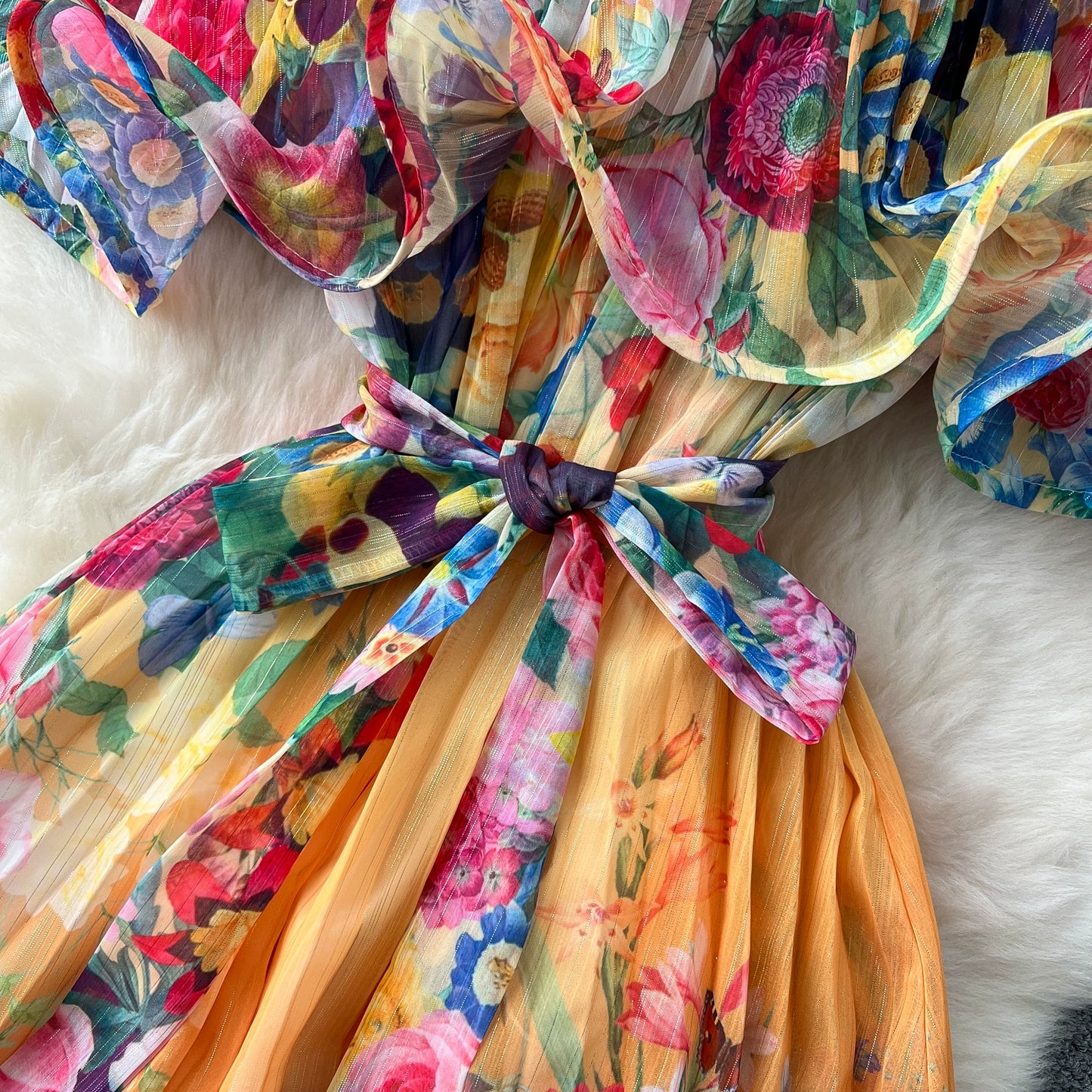 Off Shoulder Gorgeous Flower Holiday Dress Women's Wedding Guest Ruffles Batwing Sleeve Midi Dress