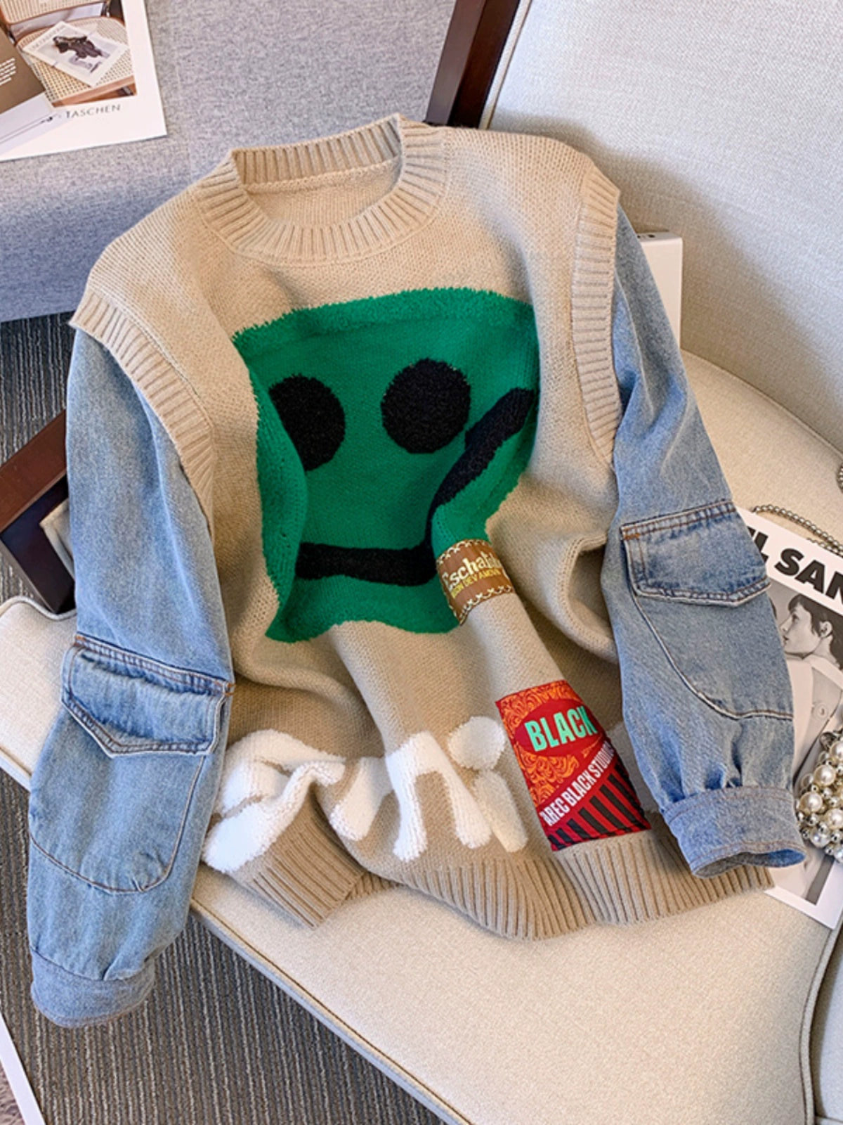 Smiley Face Smiling Face Loose Denim Sleeves Sweater for Women