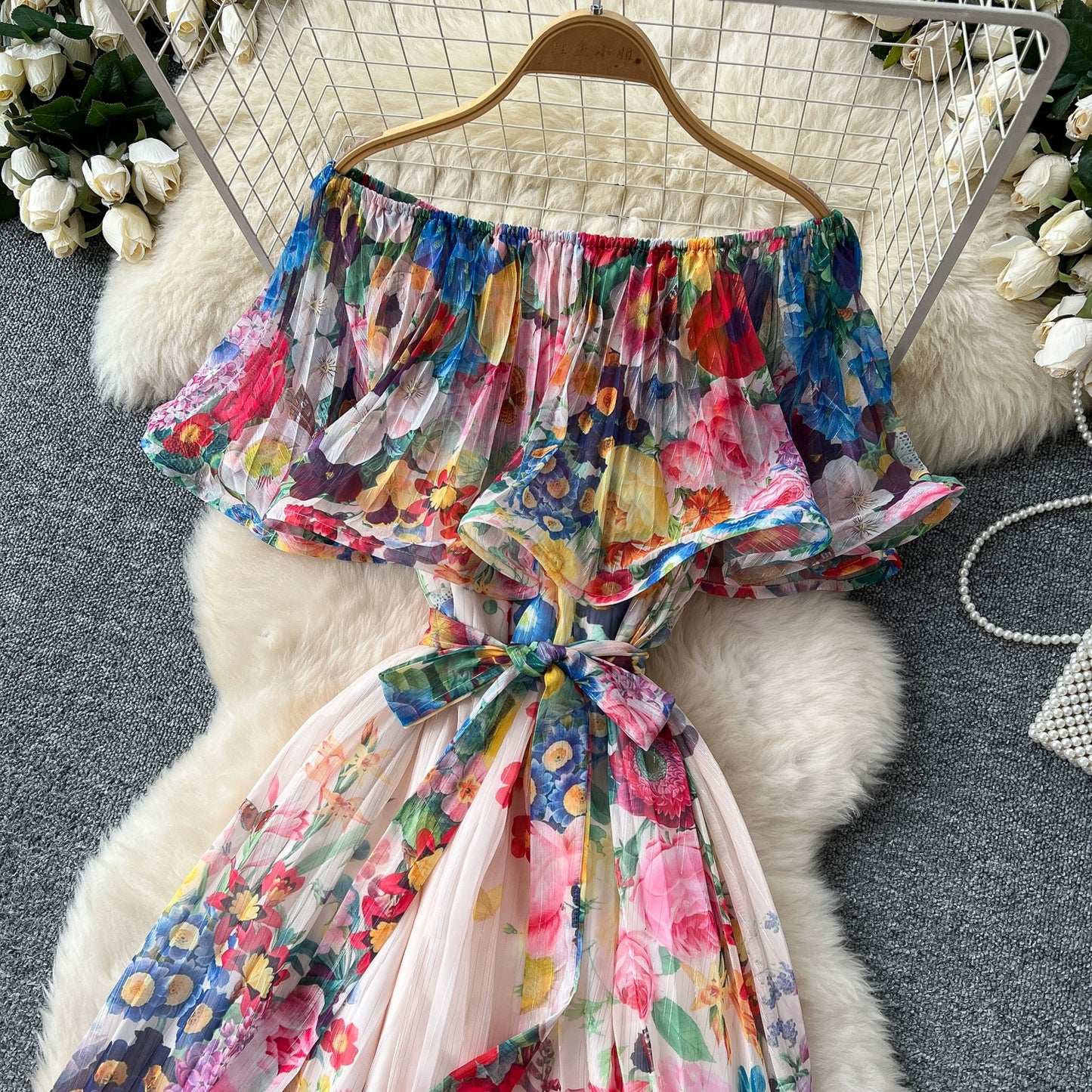 Off Shoulder Gorgeous Flower Holiday Dress Women's Wedding Guest Ruffles Batwing Sleeve Midi Dress