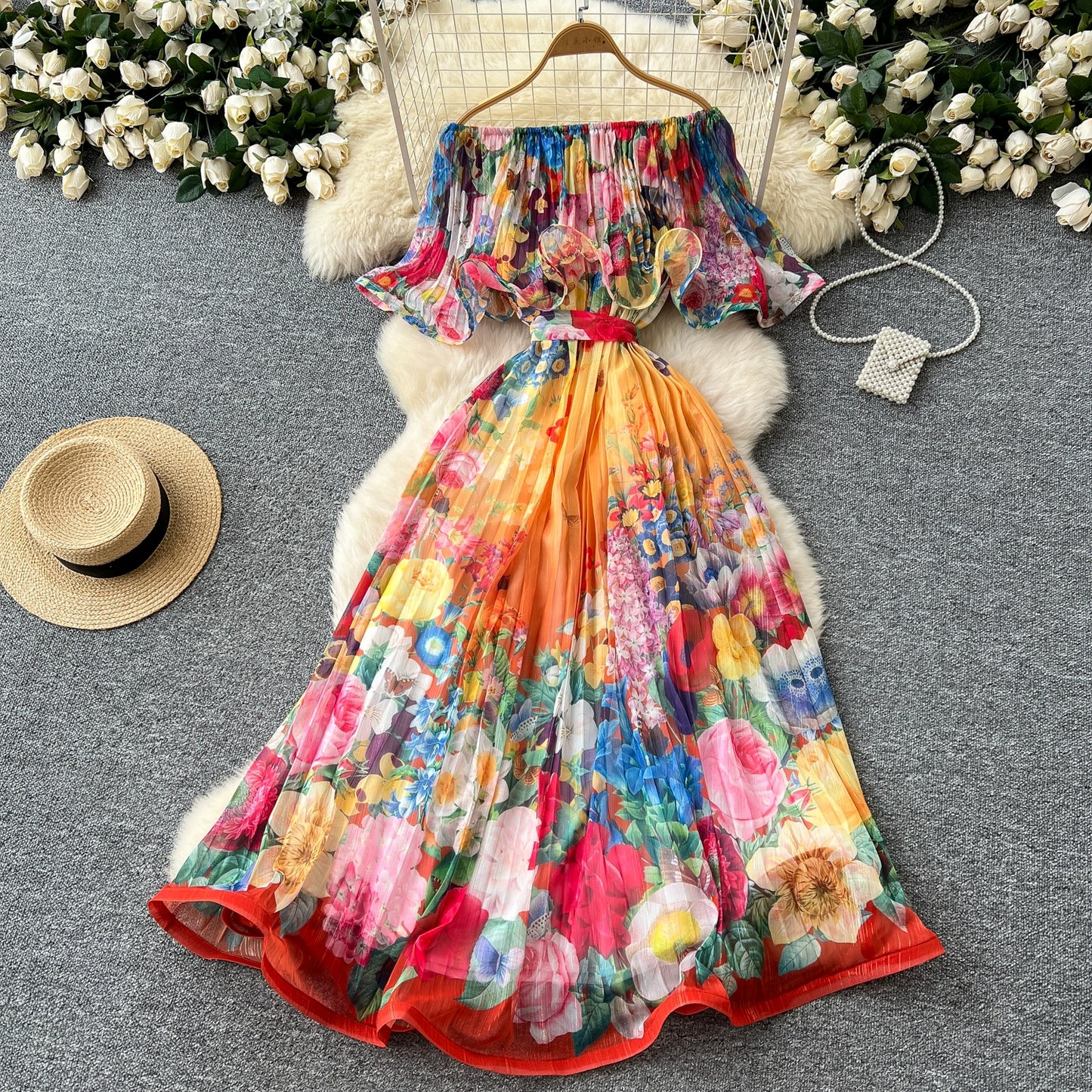 Off Shoulder Gorgeous Flower Holiday Dress Women's Wedding Guest Ruffles Batwing Sleeve Midi Dress