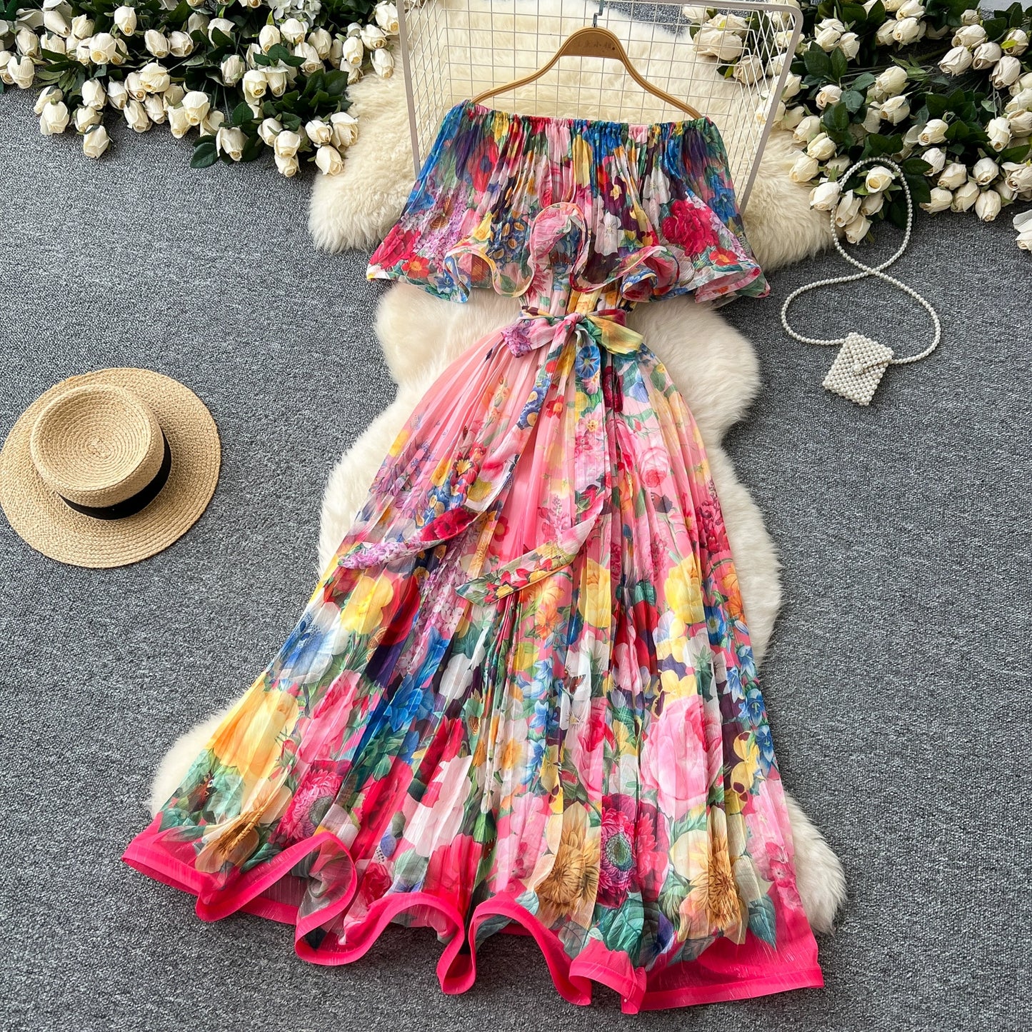 Off Shoulder Gorgeous Flower Holiday Dress Women's Wedding Guest Ruffles Batwing Sleeve Midi Dress