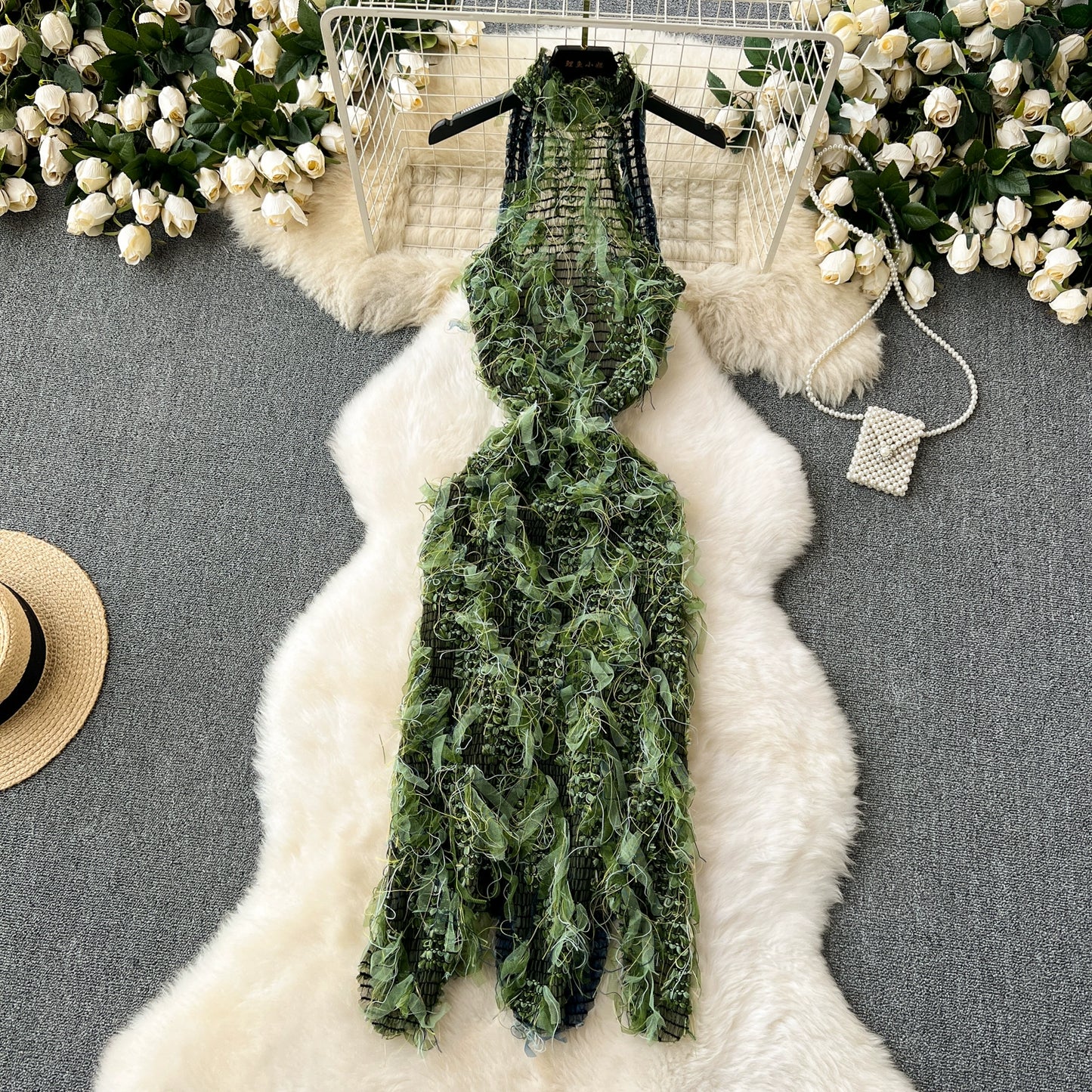 Elegant Women's See-through Slim-Fit Tassel Dress Sleeveless Halter Sexy Dress