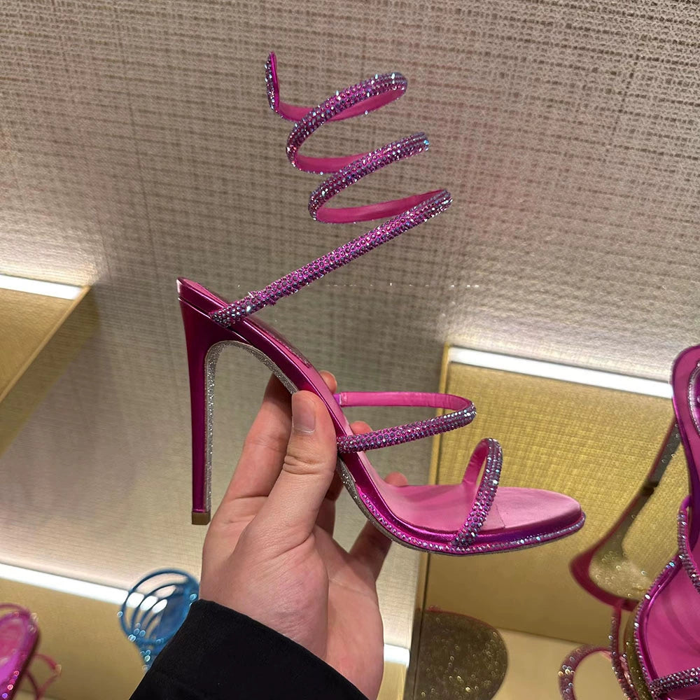 Women's One-Strap Snake Strap Winding round-Toe Sandals Rhinestone Rose Red Stiletto Heels