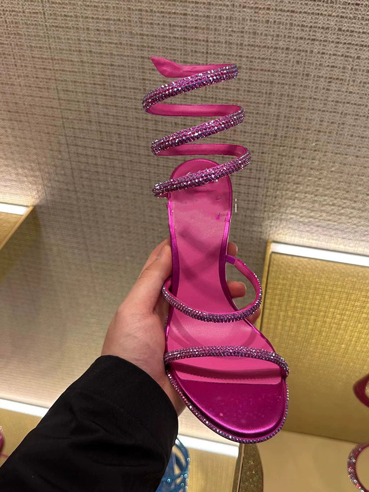 Women's One-Strap Snake Strap Winding round-Toe Sandals Rhinestone Rose Red Stiletto Heels