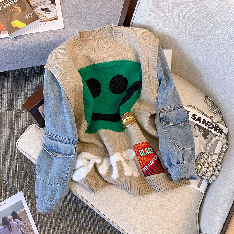 Smiley Face Smiling Face Loose Denim Sleeves Sweater for Women