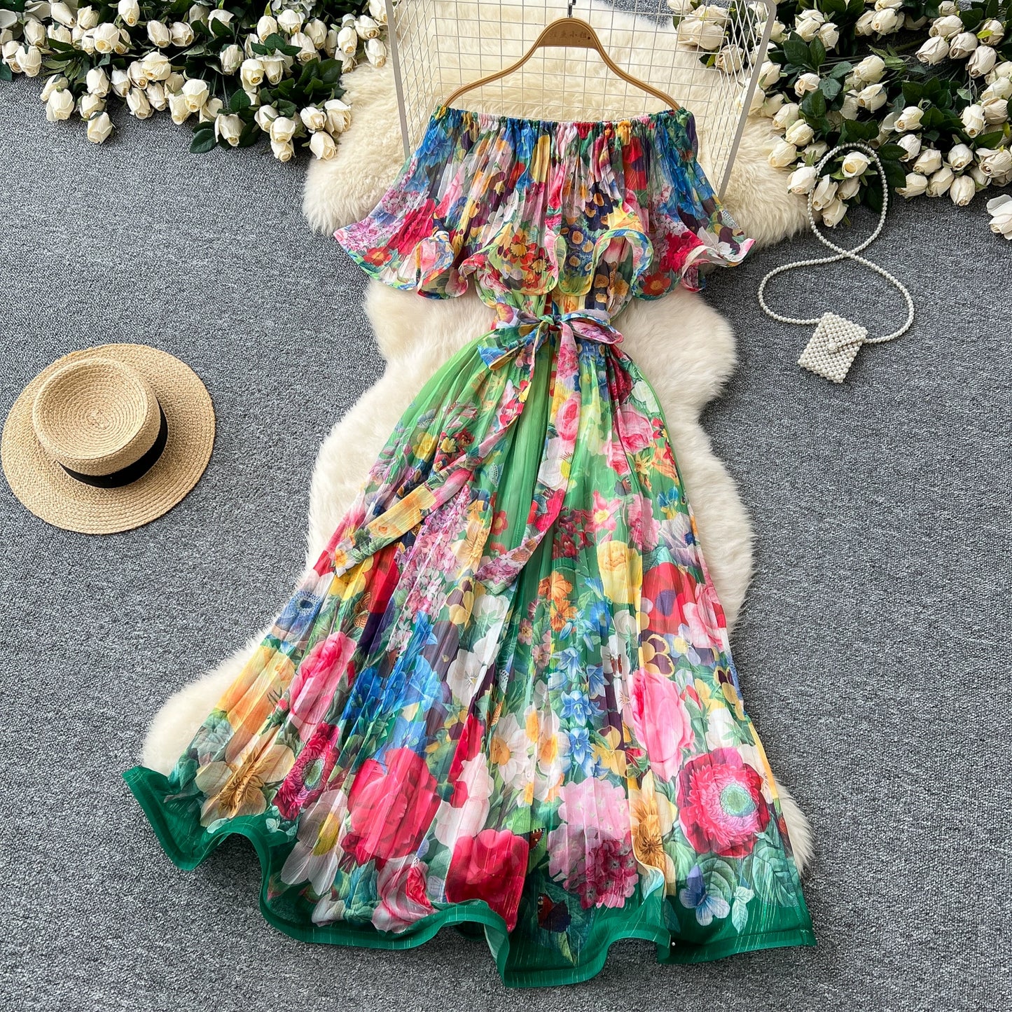 Off Shoulder Gorgeous Flower Holiday Dress Women's Wedding Guest Ruffles Batwing Sleeve Midi Dress