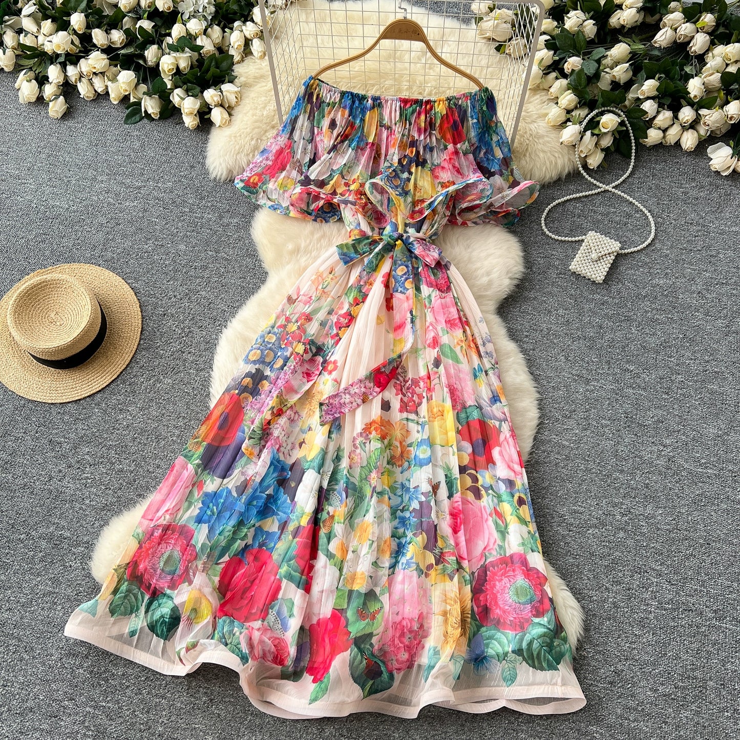 Off Shoulder Gorgeous Flower Holiday Dress Women's Wedding Guest Ruffles Batwing Sleeve Midi Dress