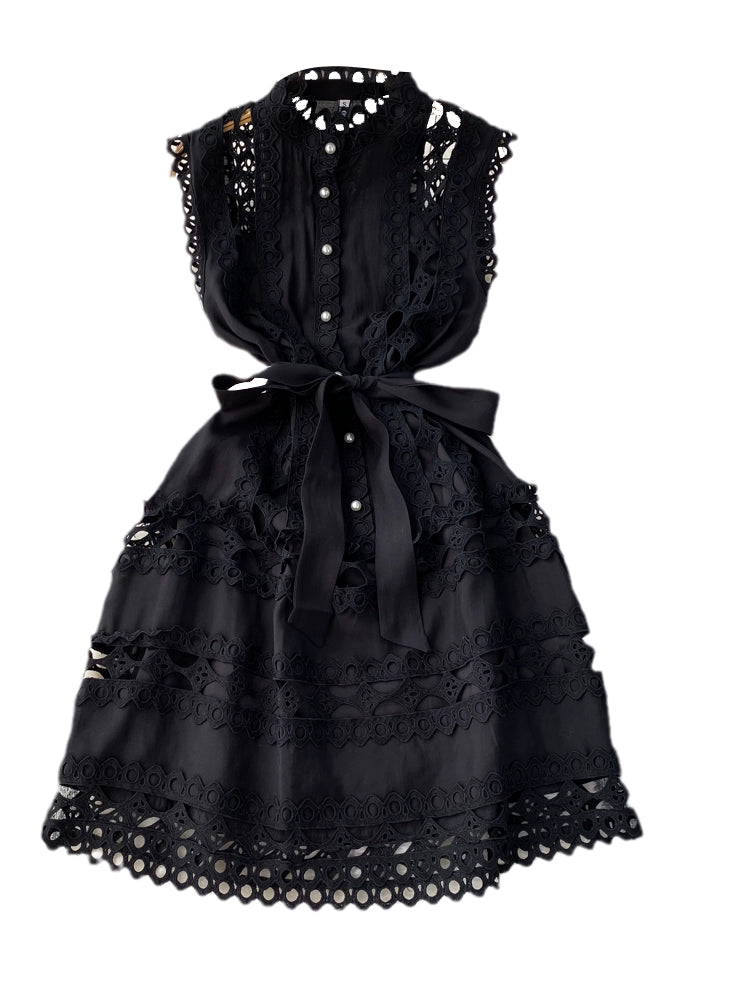 Summer 2024 French Style Vintage Court Style Elegant Stand-up Collar Cinched Slim Looking Sleeveless A- line Cut Out Embroider Dress