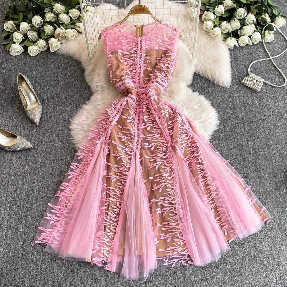 Solid Mesh Embroidery Dress Women's Sleeveless Round Neck Hollow Out Tulles Vestido