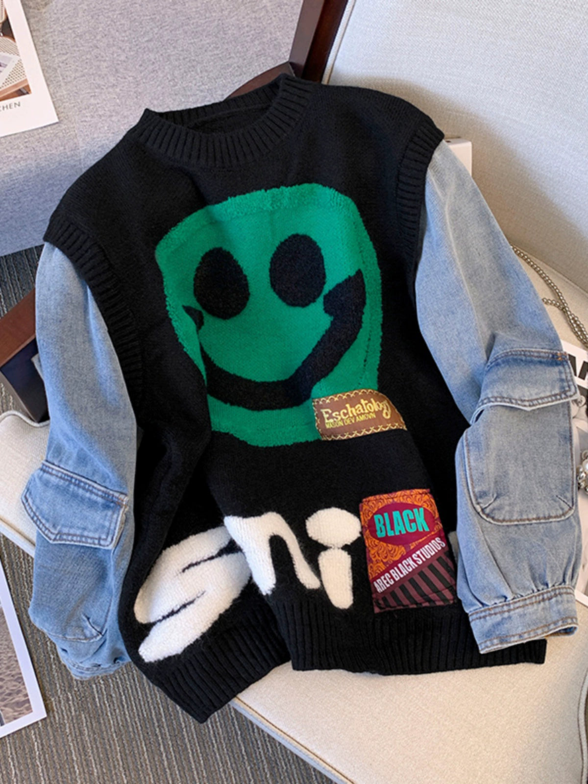 Smiley Face Smiling Face Loose Denim Sleeves Sweater for Women