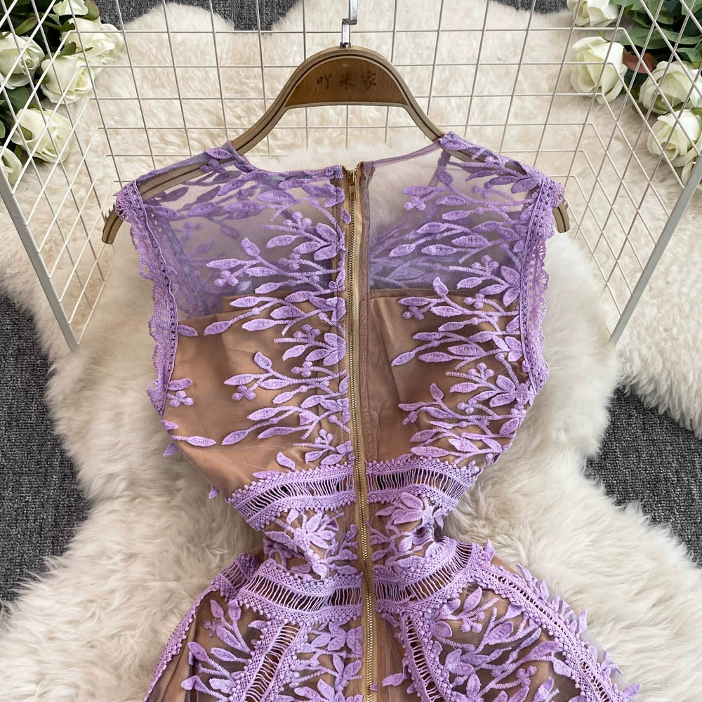 Solid Mesh Embroidery Dress Women's Sleeveless Round Neck Hollow Out Tulles Vestido