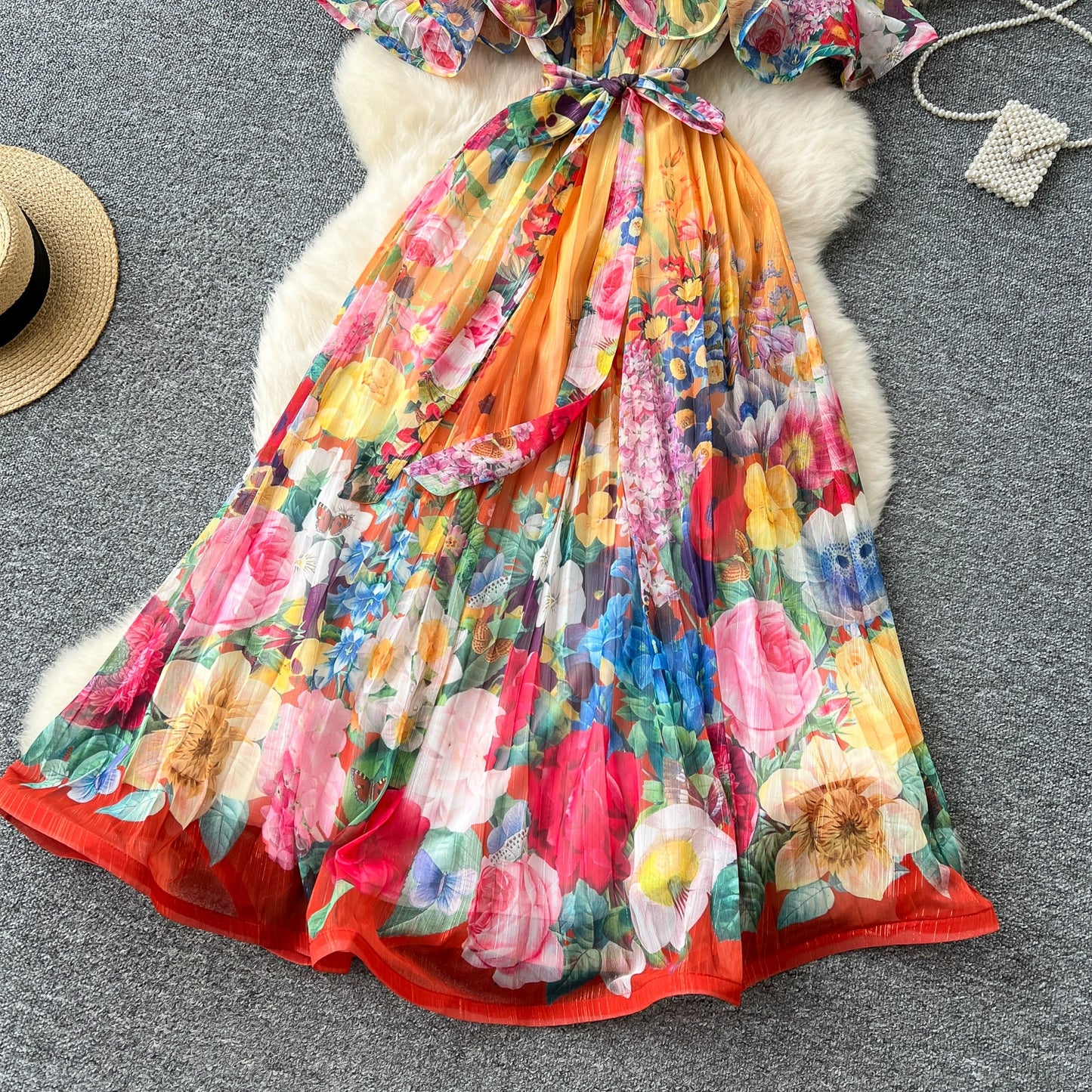 Off Shoulder Gorgeous Flower Holiday Dress Women's Wedding Guest Ruffles Batwing Sleeve Midi Dress