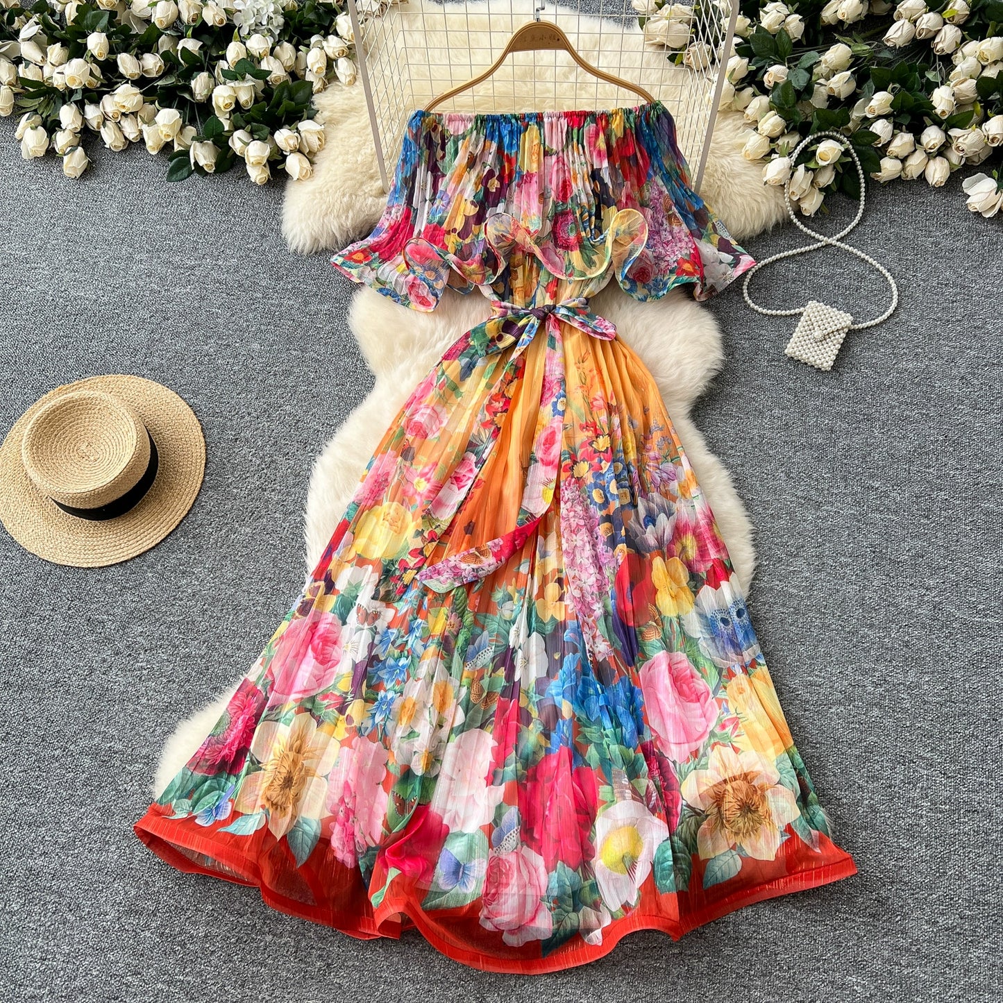 Off Shoulder Gorgeous Flower Holiday Dress Women's Wedding Guest Ruffles Batwing Sleeve Midi Dress