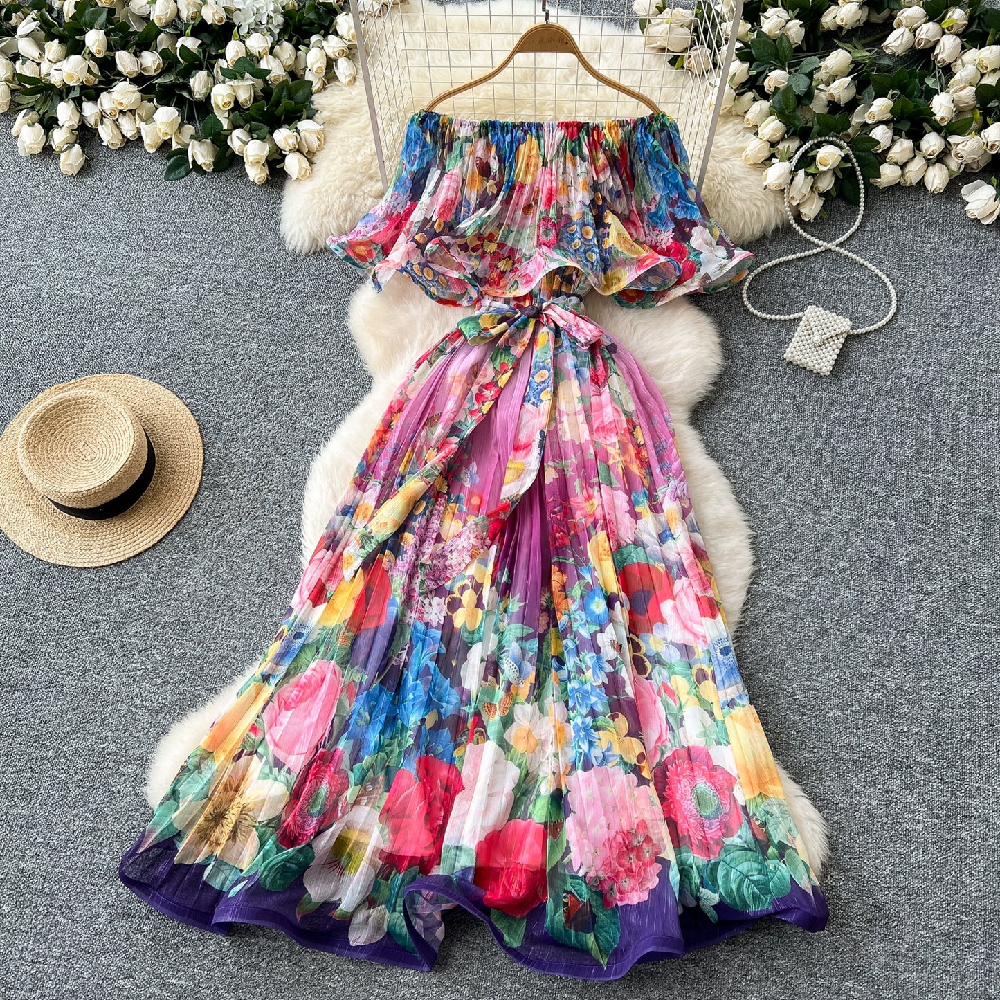 Off Shoulder Gorgeous Flower Holiday Dress Women's Wedding Guest Ruffles Batwing Sleeve Midi Dress