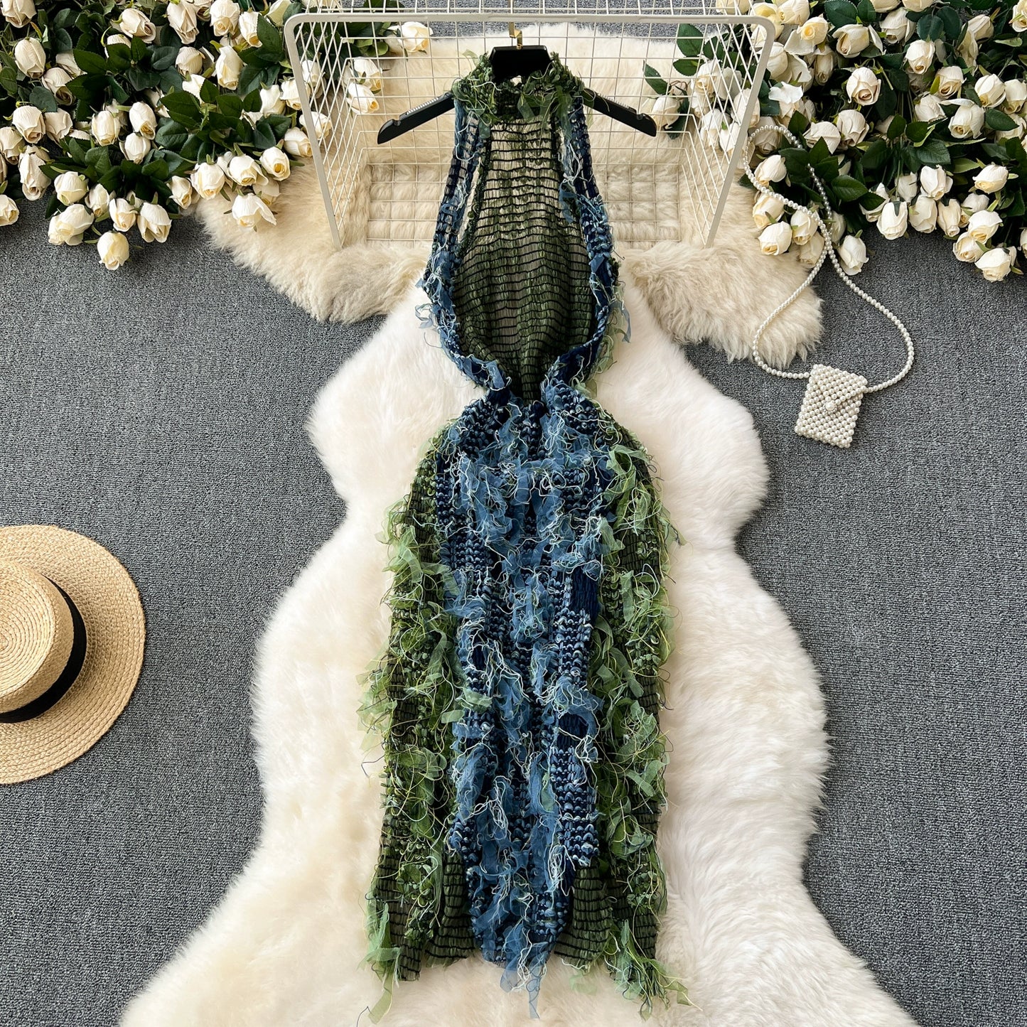 Elegant Women's See-through Slim-Fit Tassel Dress Sleeveless Halter Sexy Dress