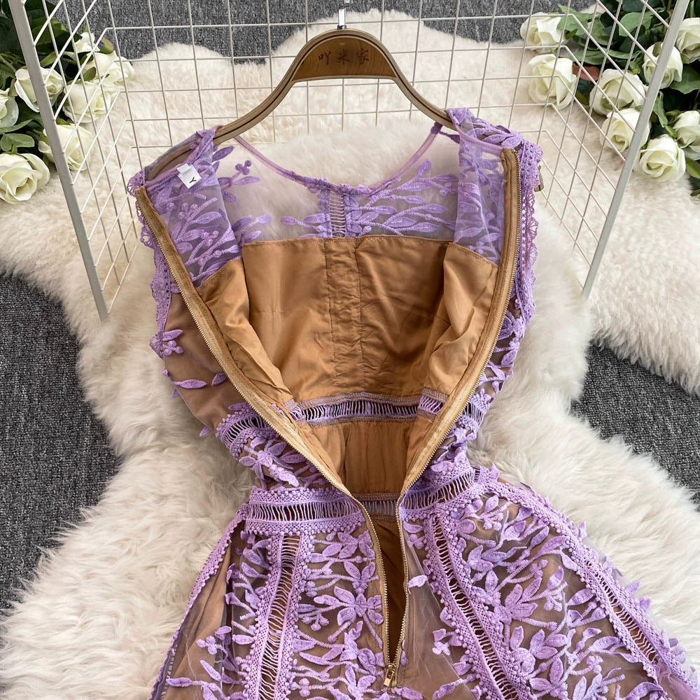Solid Mesh Embroidery Dress Women's Sleeveless Round Neck Hollow Out Tulles Vestido