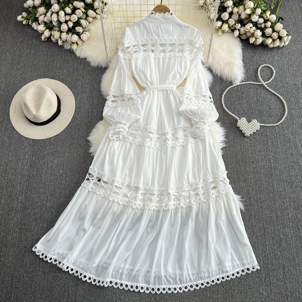Retro Lantern Long Sleeve Single Breasted Elegance Dress