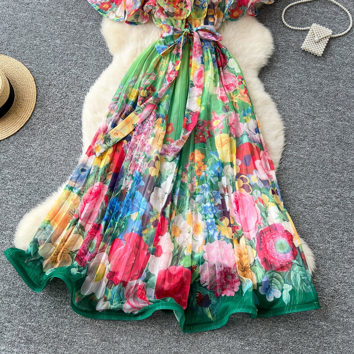 Off Shoulder Gorgeous Flower Holiday Dress Women's Wedding Guest Ruffles Batwing Sleeve Midi Dress