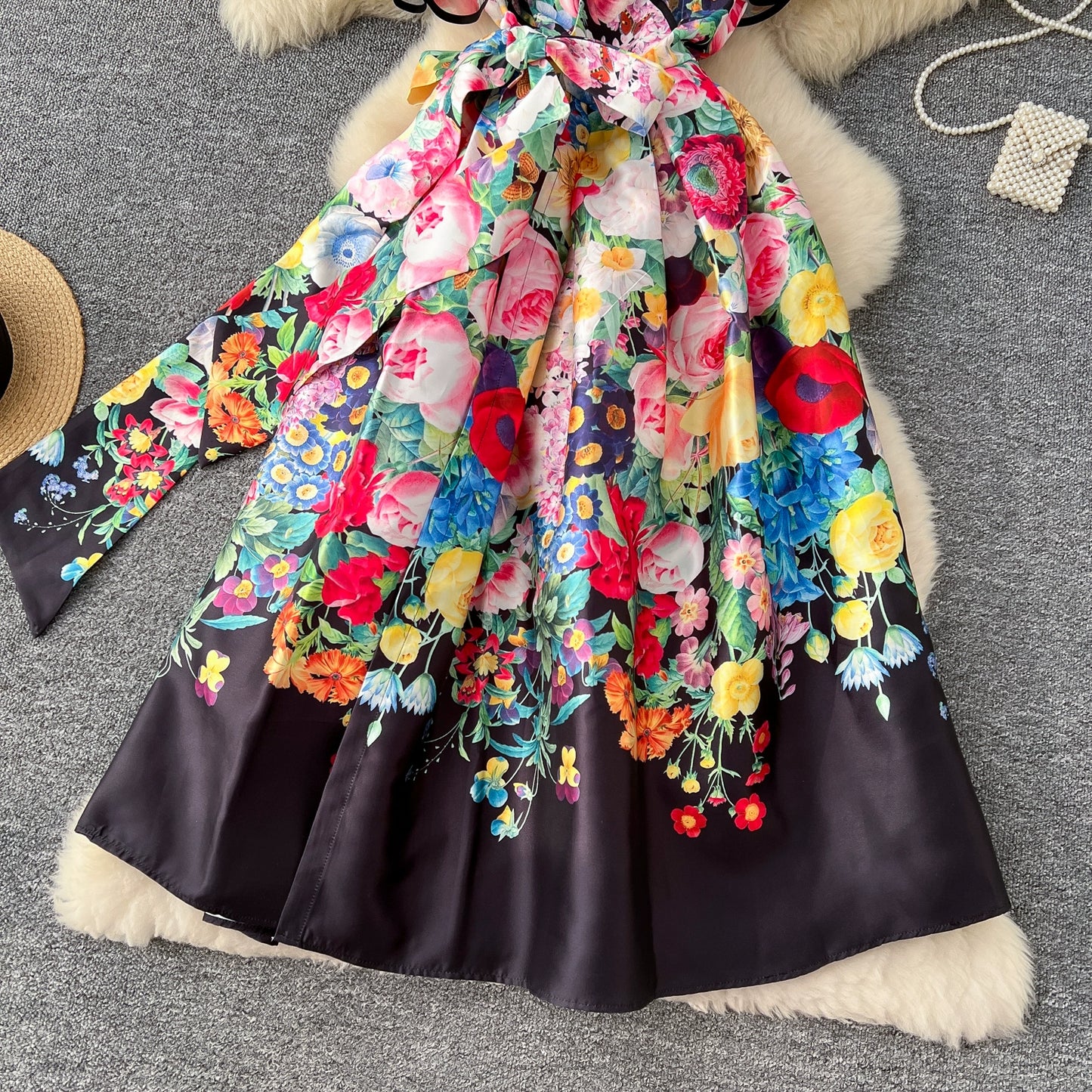 Summer Bohemian Gorgeous Flower Long Dress Women V-Neck Layer Mesh Sleeve Floral Midi Dress