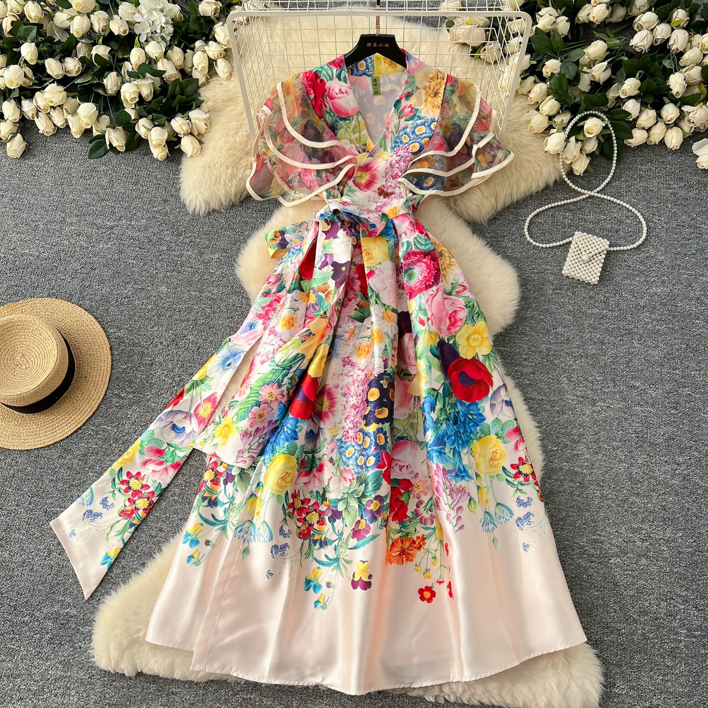 Summer Bohemian Gorgeous Flower Long Dress Women V-Neck Layer Mesh Sleeve Floral Midi Dress