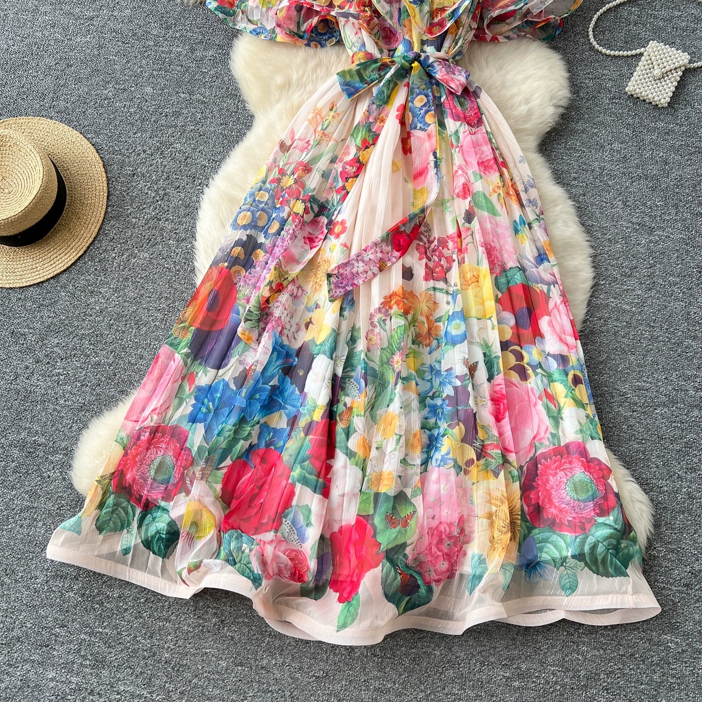 Off Shoulder Gorgeous Flower Holiday Dress Women's Wedding Guest Ruffles Batwing Sleeve Midi Dress