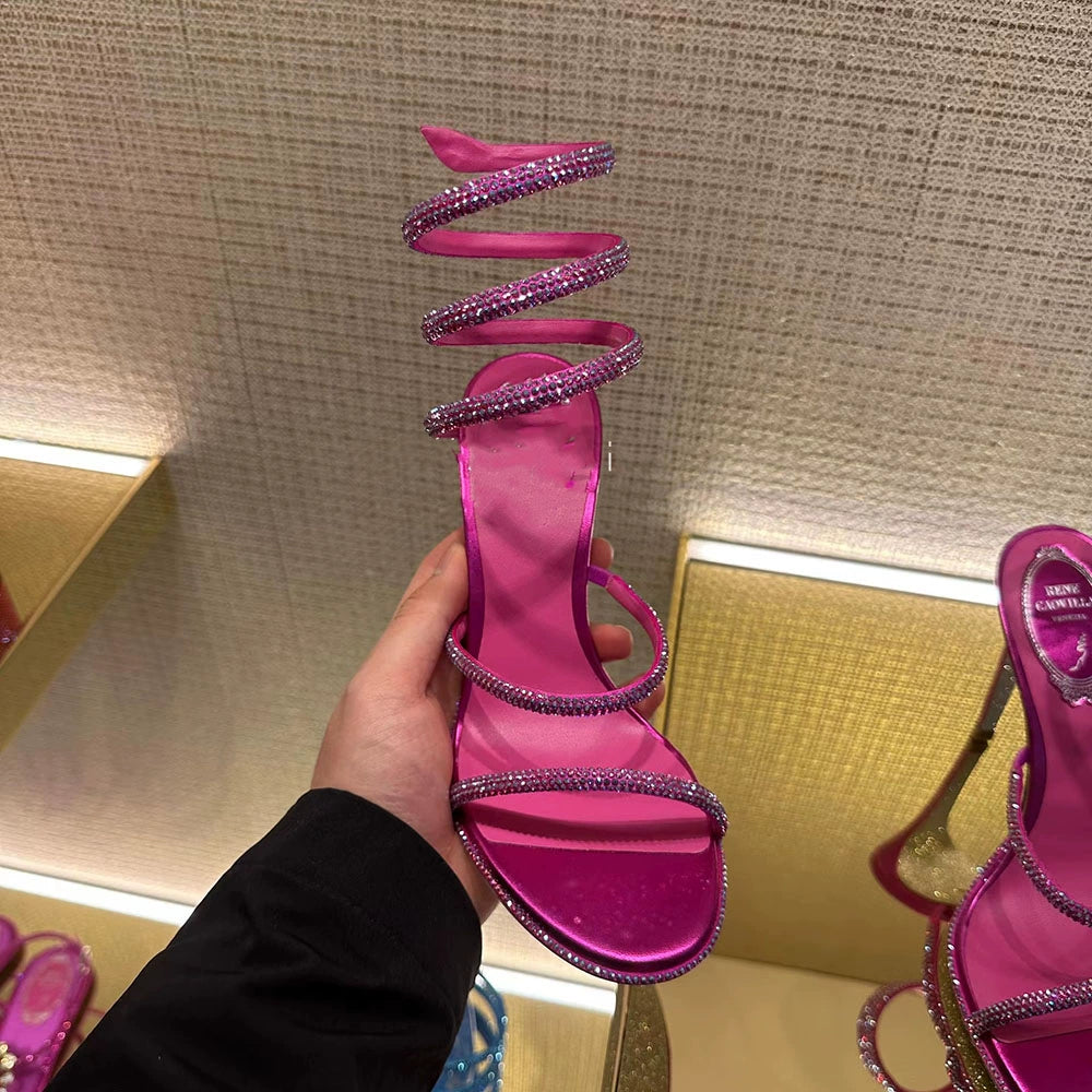 Women's One-Strap Snake Strap Winding round-Toe Sandals Rhinestone Rose Red Stiletto Heels