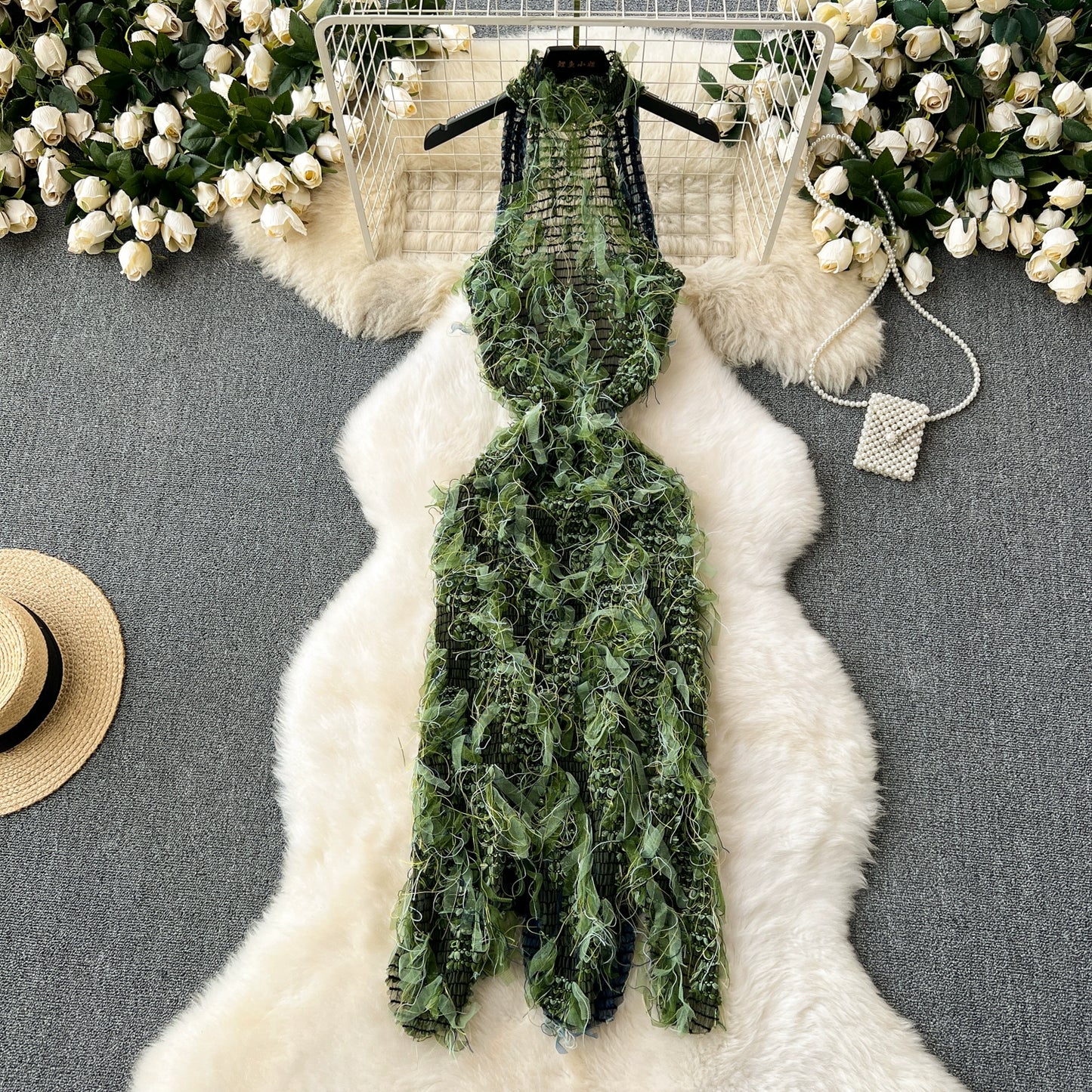 Elegant Women's See-through Slim-Fit Tassel Dress Sleeveless Halter Sexy Dress
