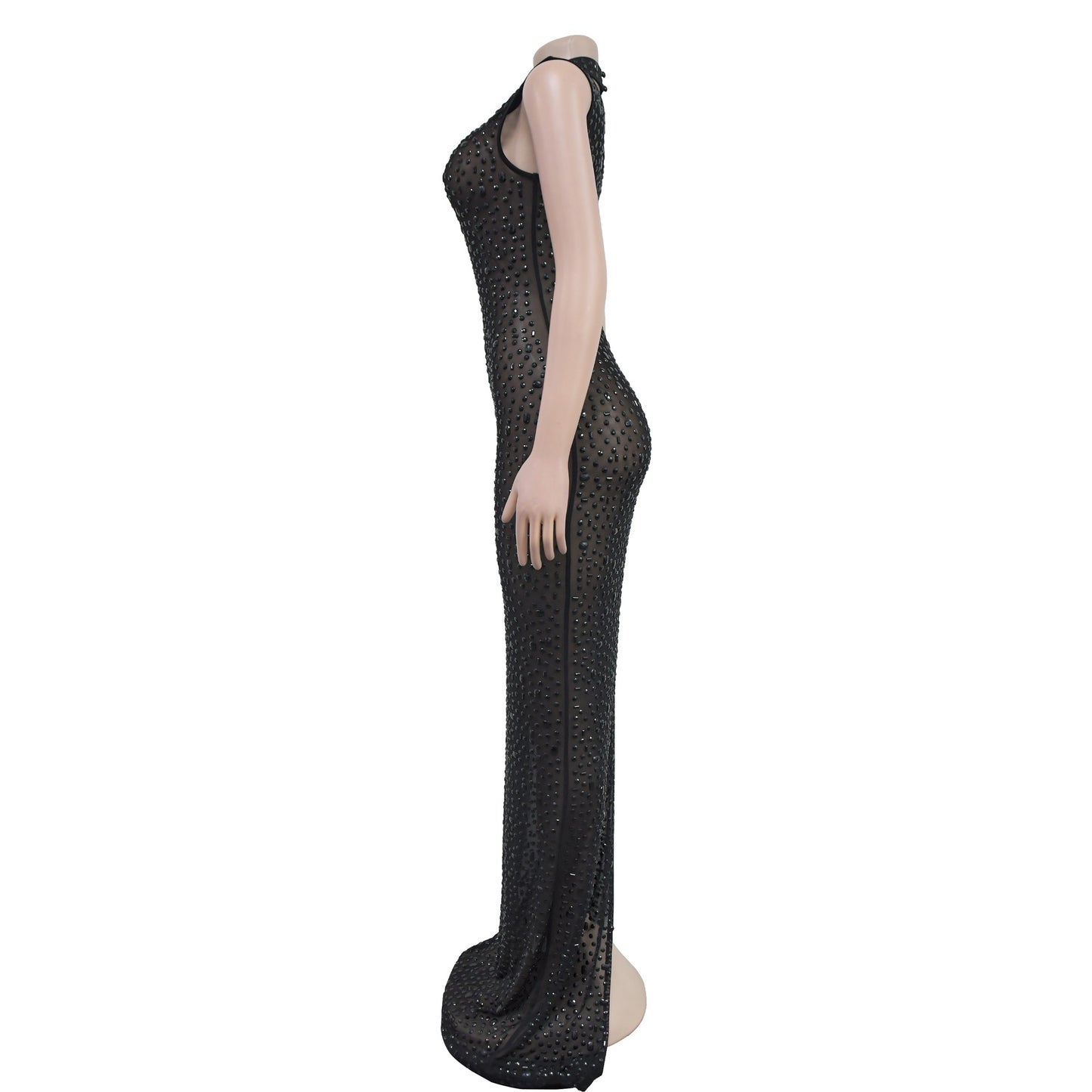 Cocktail Dress Diamonds Hot Rhinestones O-neck Women Sleeveless Bodycon Maxi Dress