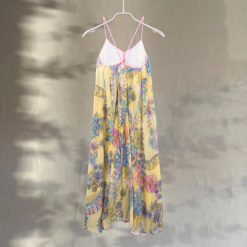 Print Floral Women's Dress Halter V-neck Sleeveless Hollow out Straight Vacation Dress
