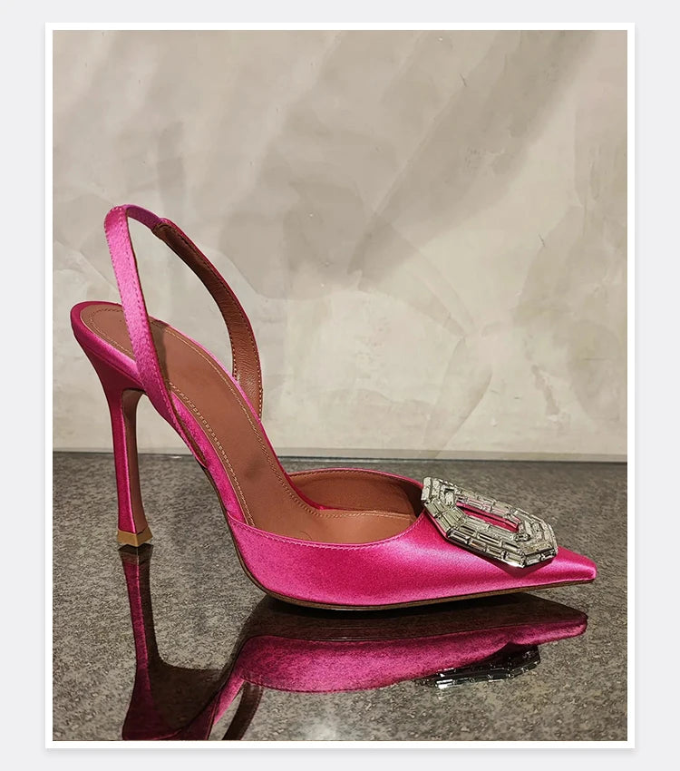 Oval Rhinestone Buckle Toe Sandals Pointed Thin Heel Hollow Banquet High Heels