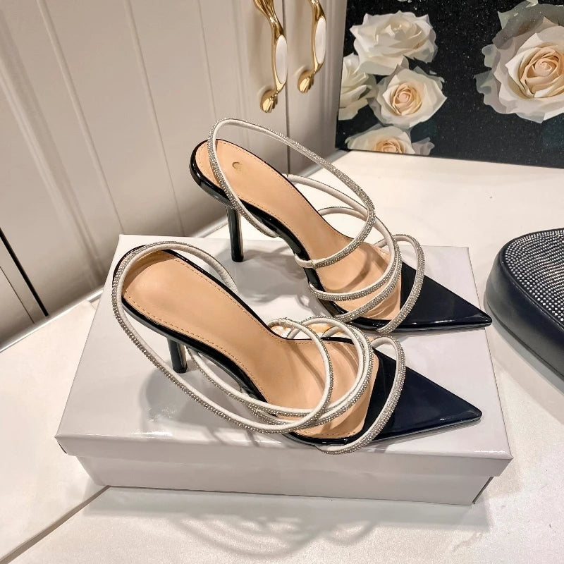 Women's Roman Sandals New Pointed Fine Heel Sexy Banquet Diamond Wrapped Strap High Heel Sandals