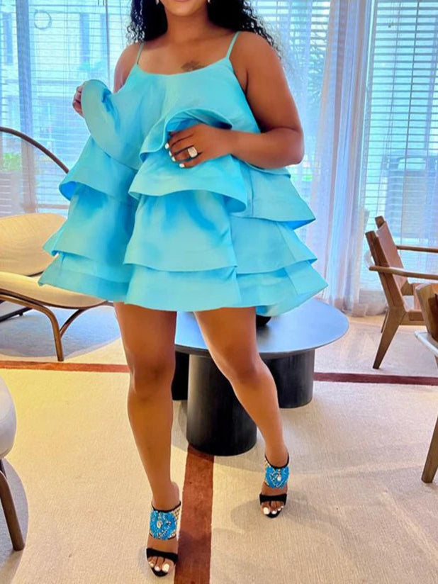 Sexy Short Daring Dresses Summer Spaghetti Strap Mini Dress with Cascade Ruffles
