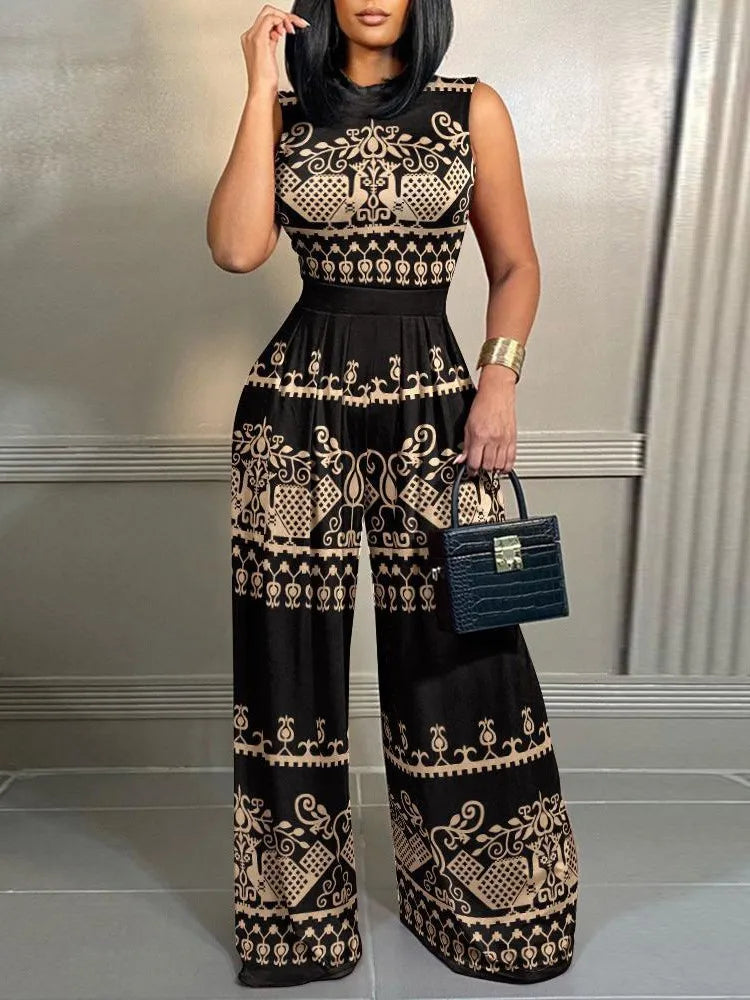 Elegant Women Stand Neck Wide Leg Rompers Casual Waist Jumpsuits Streetwear