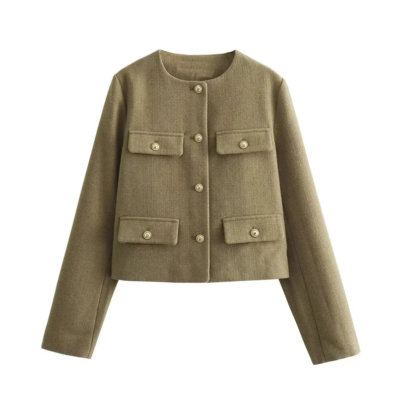 Cropped Tweed Jacket Woman Coat Button Long Sleeve Elegant Jackets For Women Short Coats Outwears